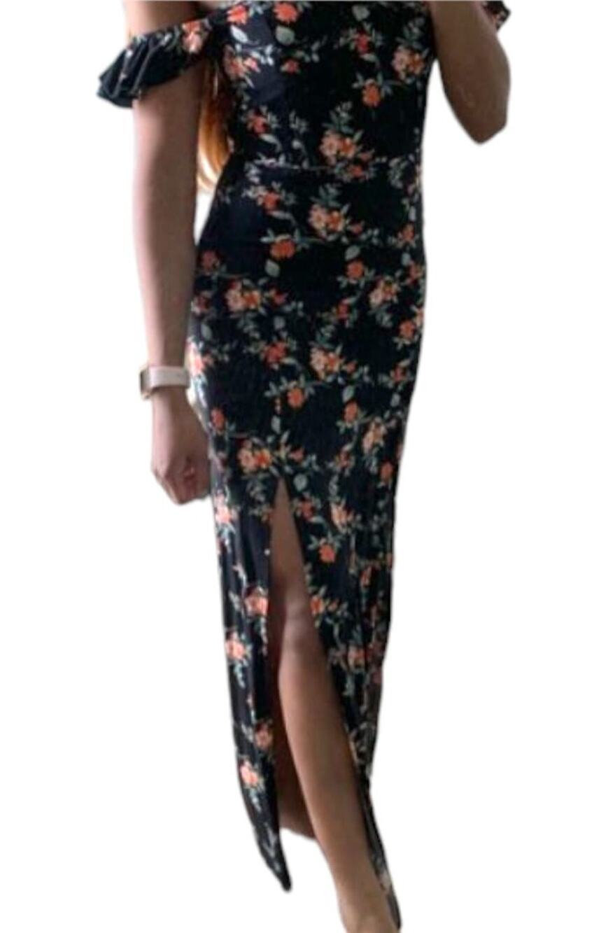 Express Women's Maxi Dress Off the Shoulder Smocked Black Floral Size Small